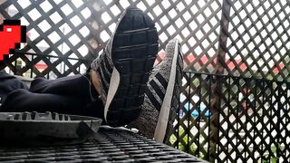 Teasing my feet on a bar patio in front of everyone!!! - Public Feet