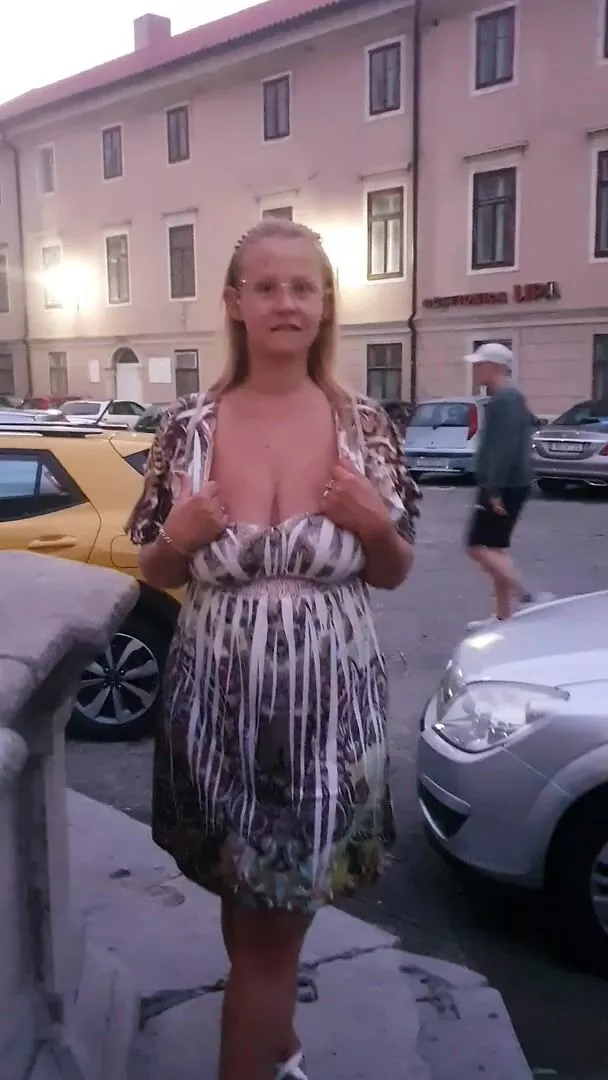 Public Flashing: Well, evening, old town, Mediterranean sea, romantic....  and suddenly! Boom! Public flashing of big Slavic tits. Heh - Porn GIF  Video | netyda.com