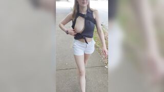 Letting her tits breathe while walking out in the streets - Public Flashing